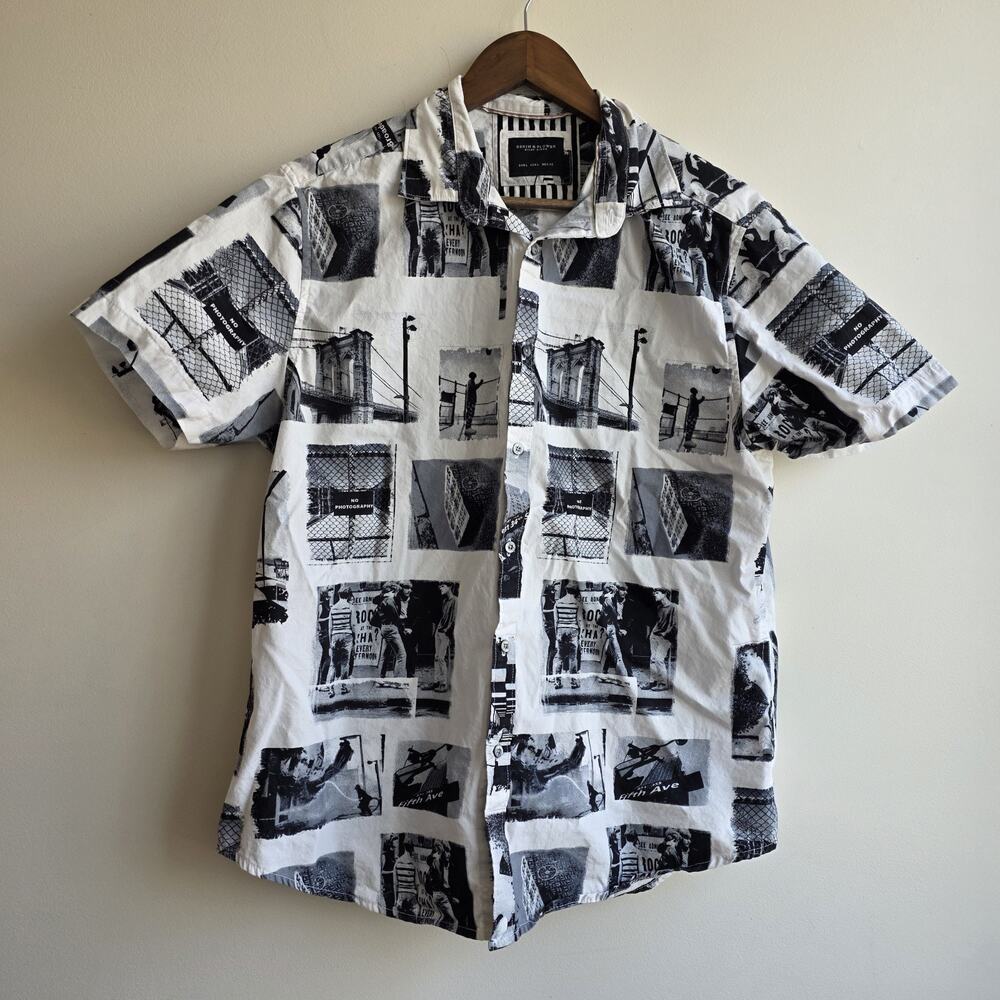 Denim & Flower Ricky Singh Photo Print Short Sleeve Button Up Shirt Large Artsy‎